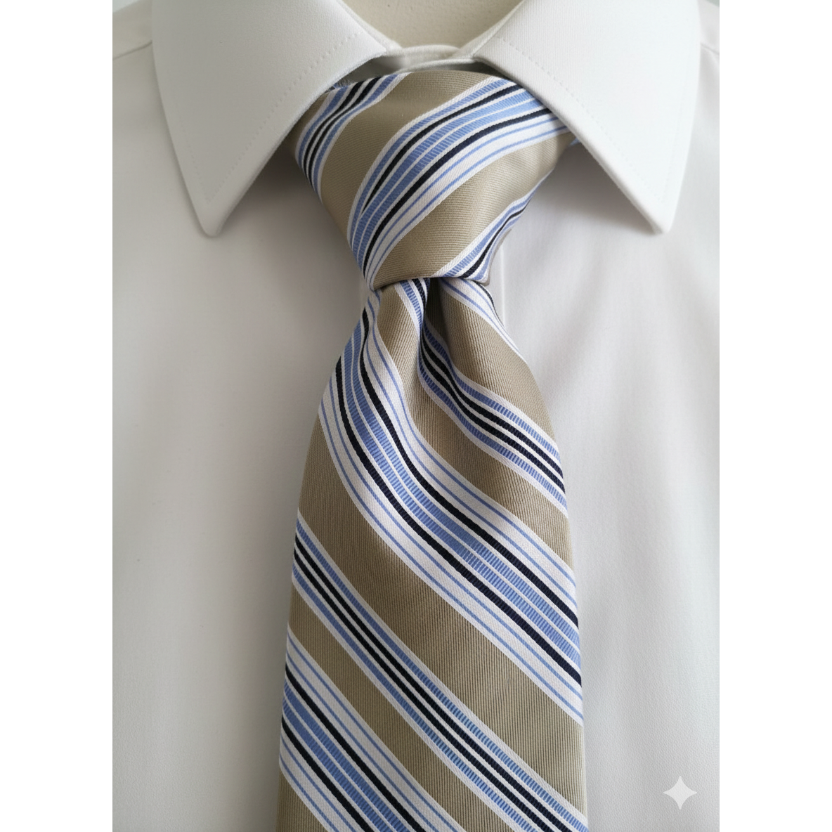 Chaps Tan Blue White Diagonal Stripe Silk Tie  575